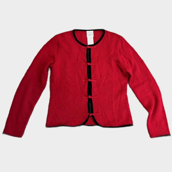 Laura Ashley Red Wool Angora Silk Black Velvet Trim LS Cardigan Sweater Size M - Picture 2 of 10